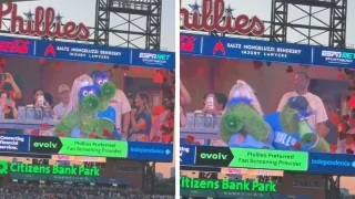 Las mascotas de los Philadelphia Phillies se unieron a una versión entretenida y adaptada del ‘cámara besos’ junto a otras mascotas.