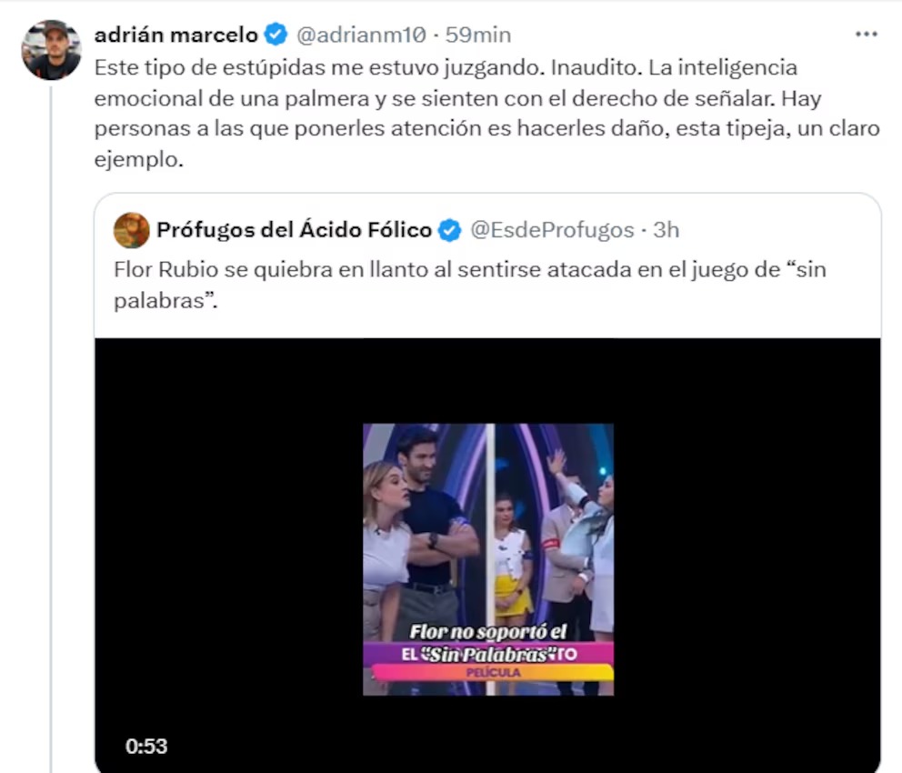 Flor Rubio responde con firmeza a Adrián Marcelo tras recibir insultos en redes sociales.