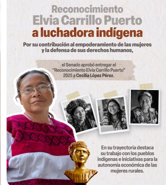 Senado otorga la Medalla Elvia Carrillo Puerto 2025 a Cecilia López Pérez por su labor con mujeres indígenas