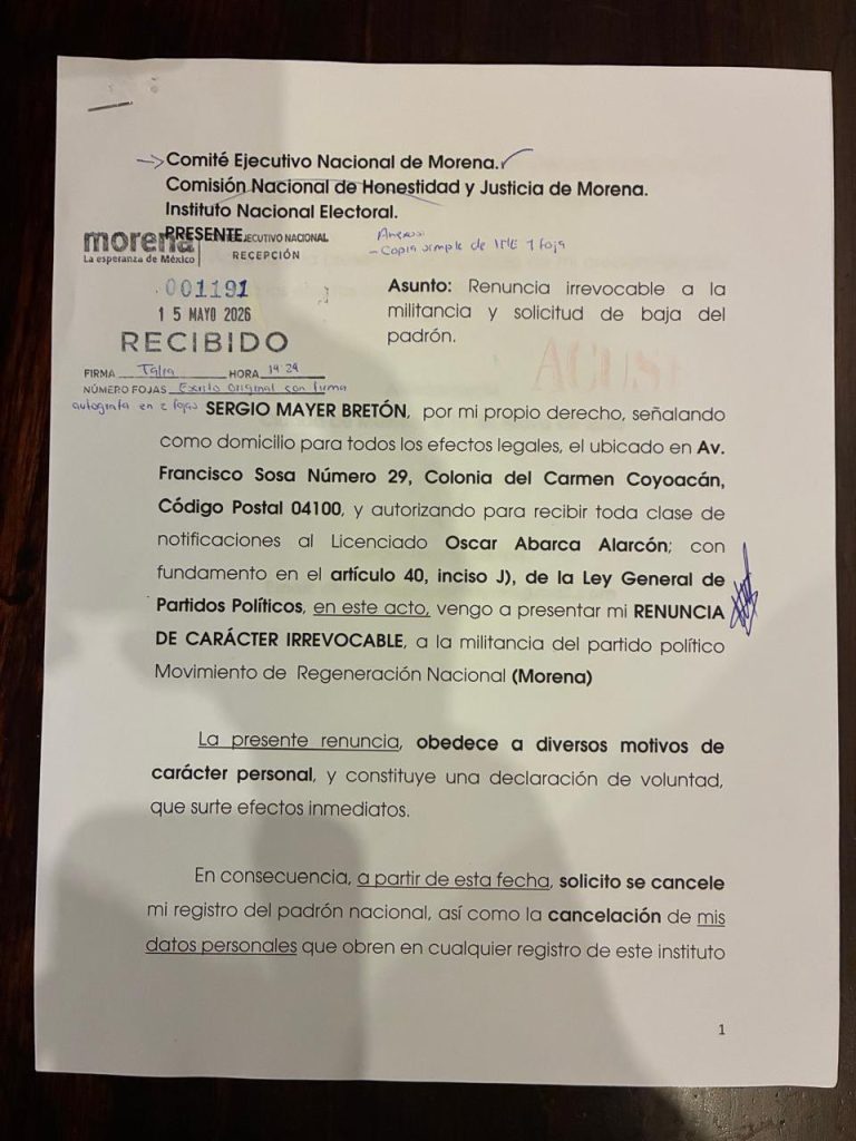 Ruptura definitiva: Sergio Mayer presenta su renuncia irrevocable a Morena tras meses de tensiones internas